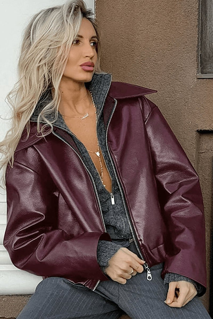 Freya | Women's Coat Burgundy Faux Leather Cropped Zip-Up Jacket