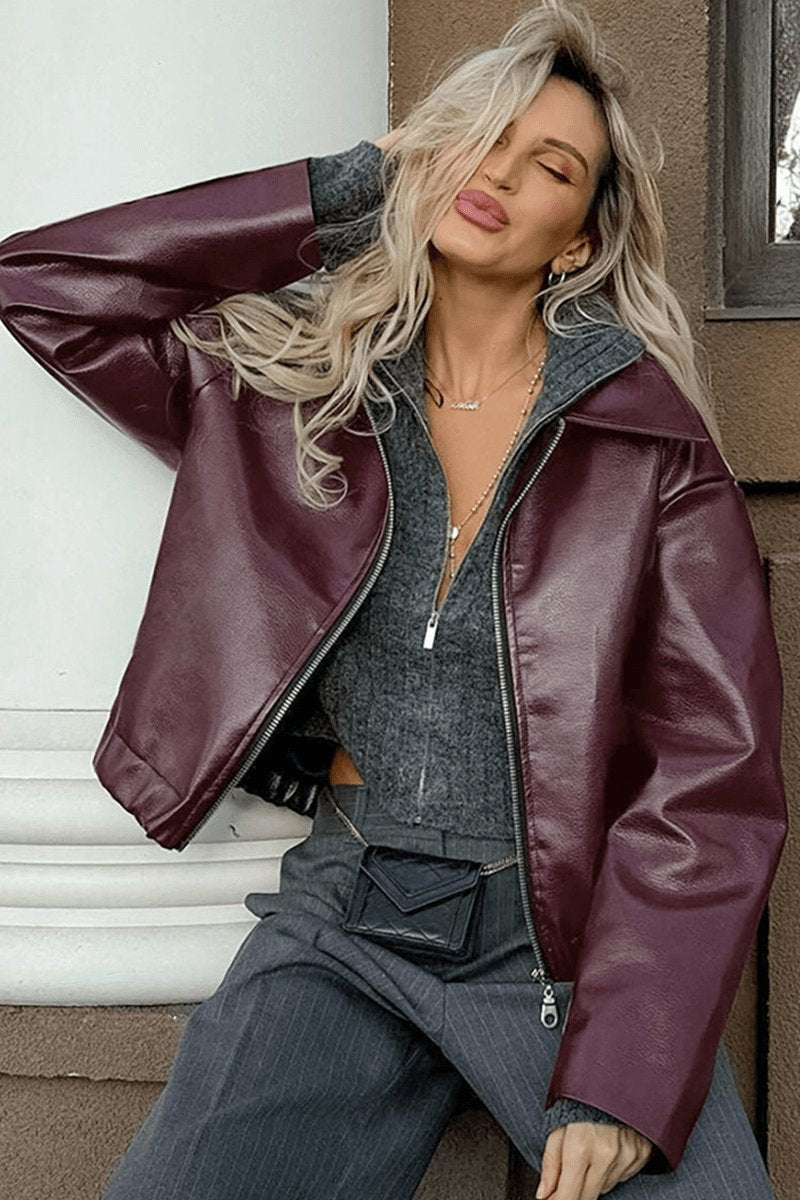 Freya | Women's Coat Burgundy Faux Leather Cropped Zip-Up Jacket
