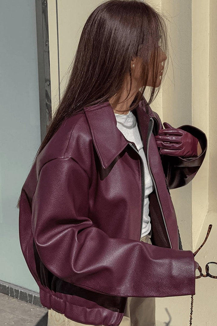 Freya | Women's Coat Burgundy Faux Leather Cropped Zip-Up Jacket
