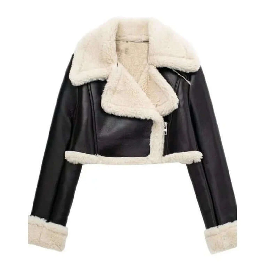 Florence | Women's Coat Cropped Shearling Faux Leather Aviator Jacket