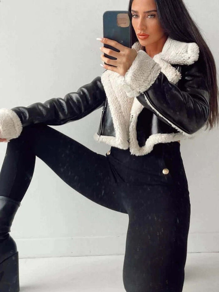 Florence | Women's Coat Cropped Shearling Faux Leather Aviator Jacket