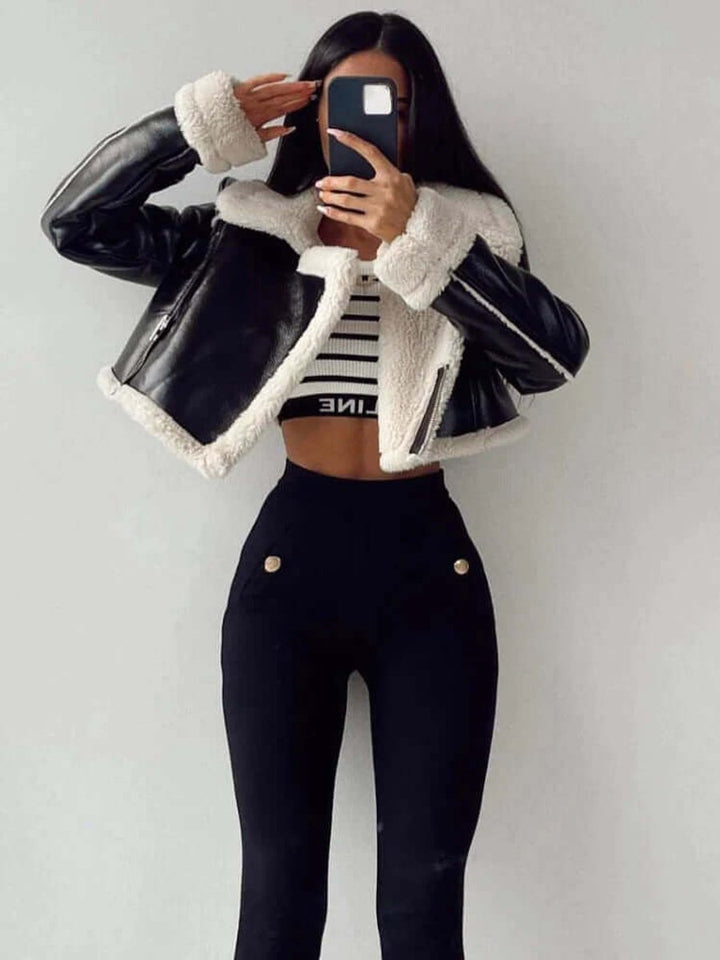 Florence | Women's Coat Cropped Shearling Faux Leather Aviator Jacket