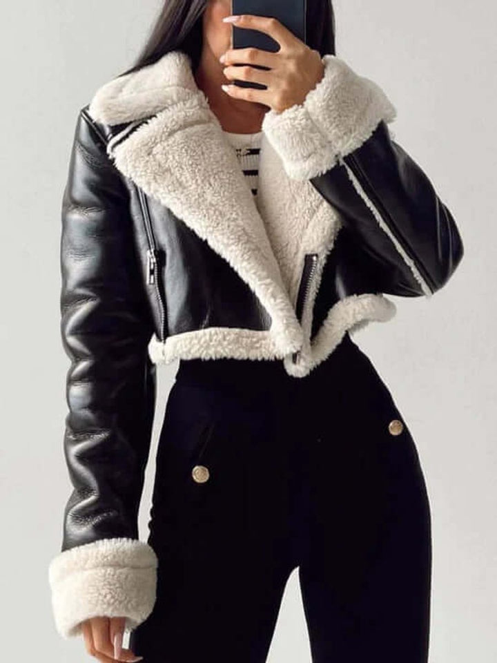 Florence | Women's Coat Cropped Shearling Faux Leather Aviator Jacket
