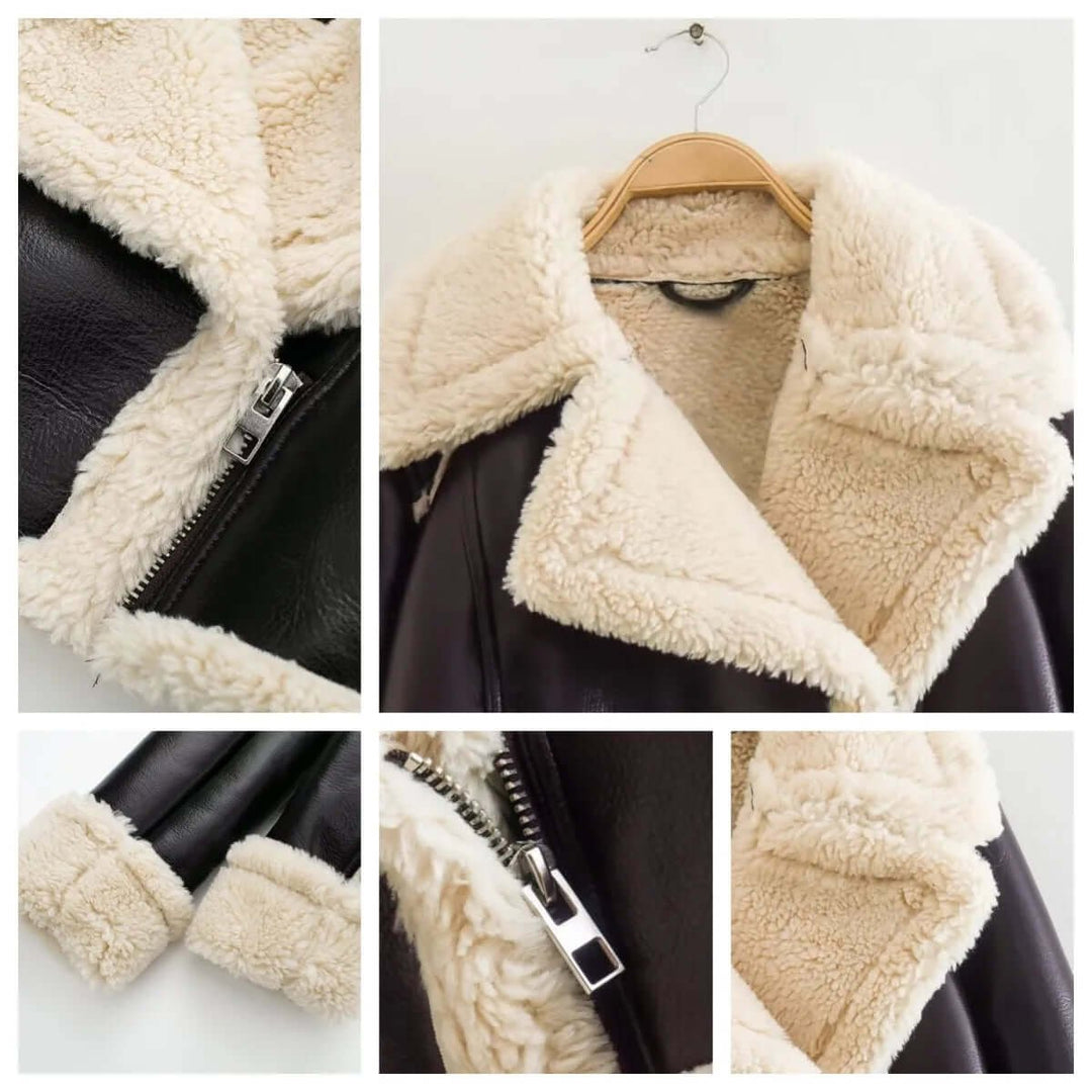 Florence | Women's Coat Cropped Shearling Faux Leather Aviator Jacket