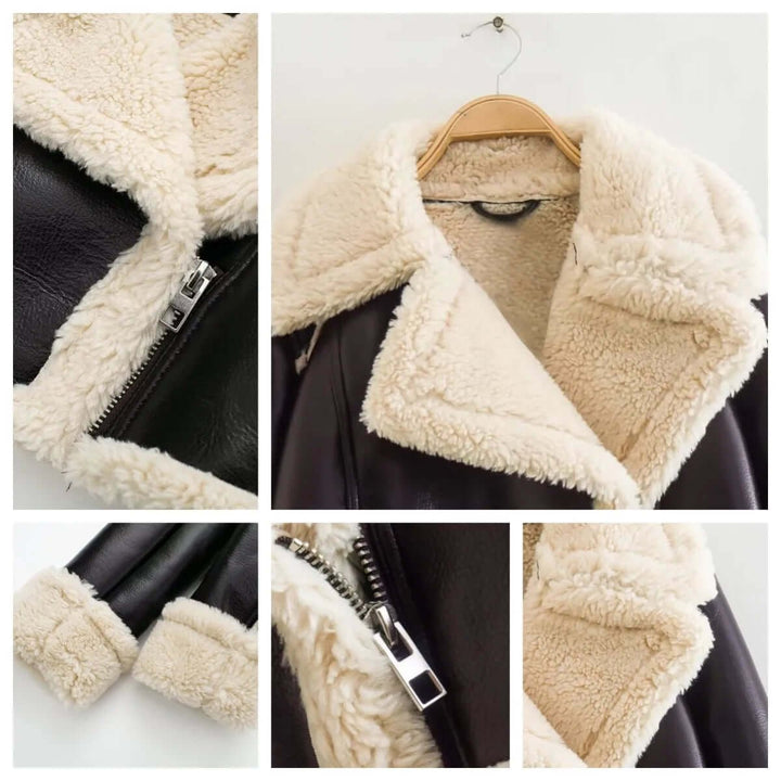 Florence | Women's Coat Cropped Shearling Faux Leather Aviator Jacket