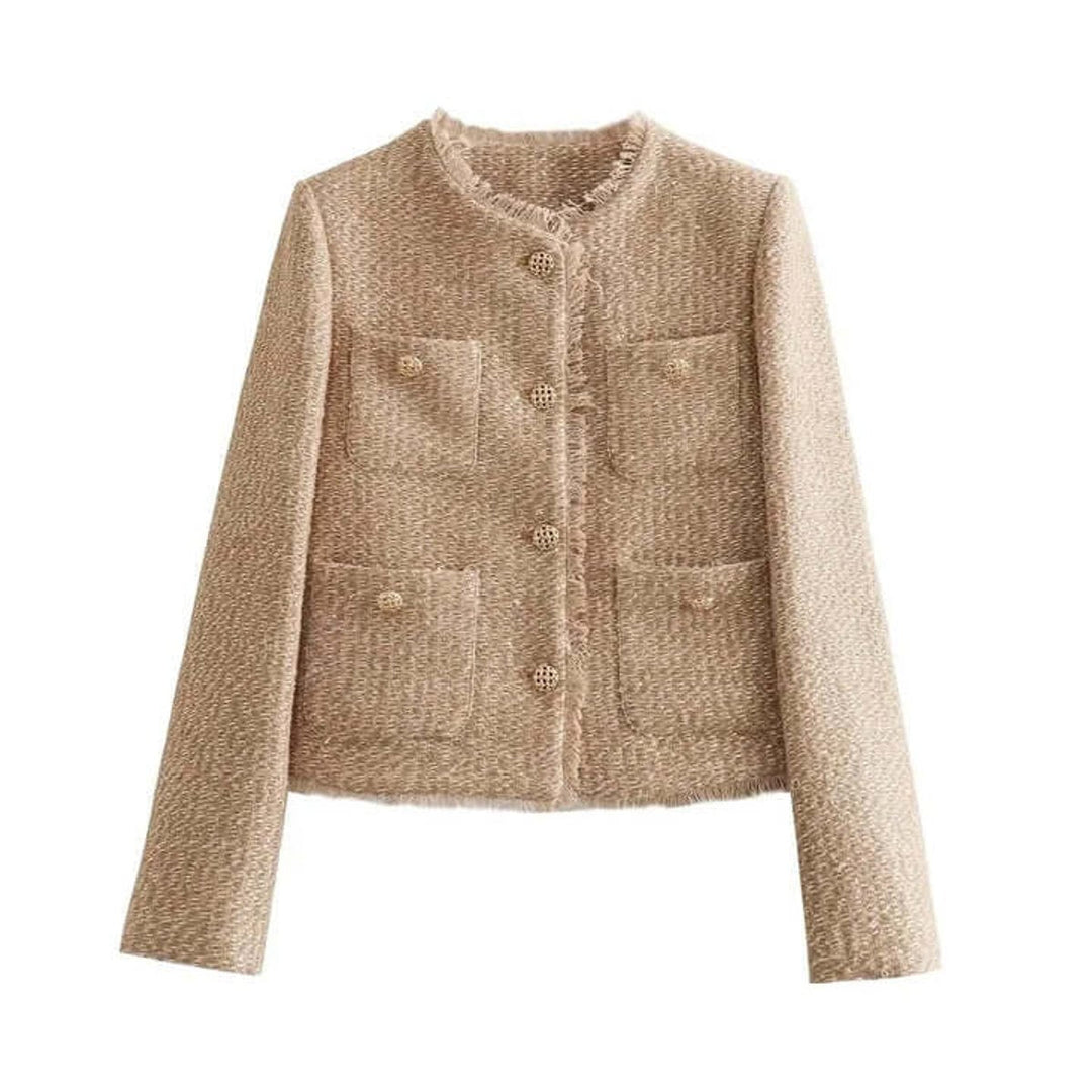 Olivia | Women's Coat Cropped Tweed Collarless Jacket Pockets