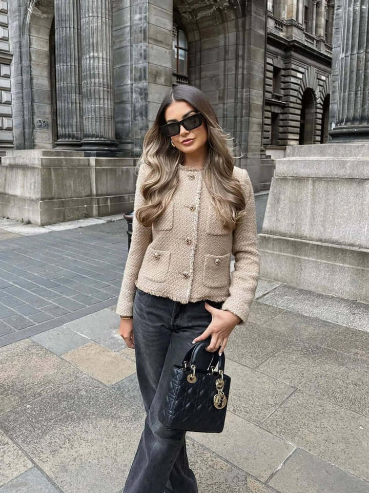 Olivia | Women's Coat Cropped Tweed Collarless Jacket Pockets