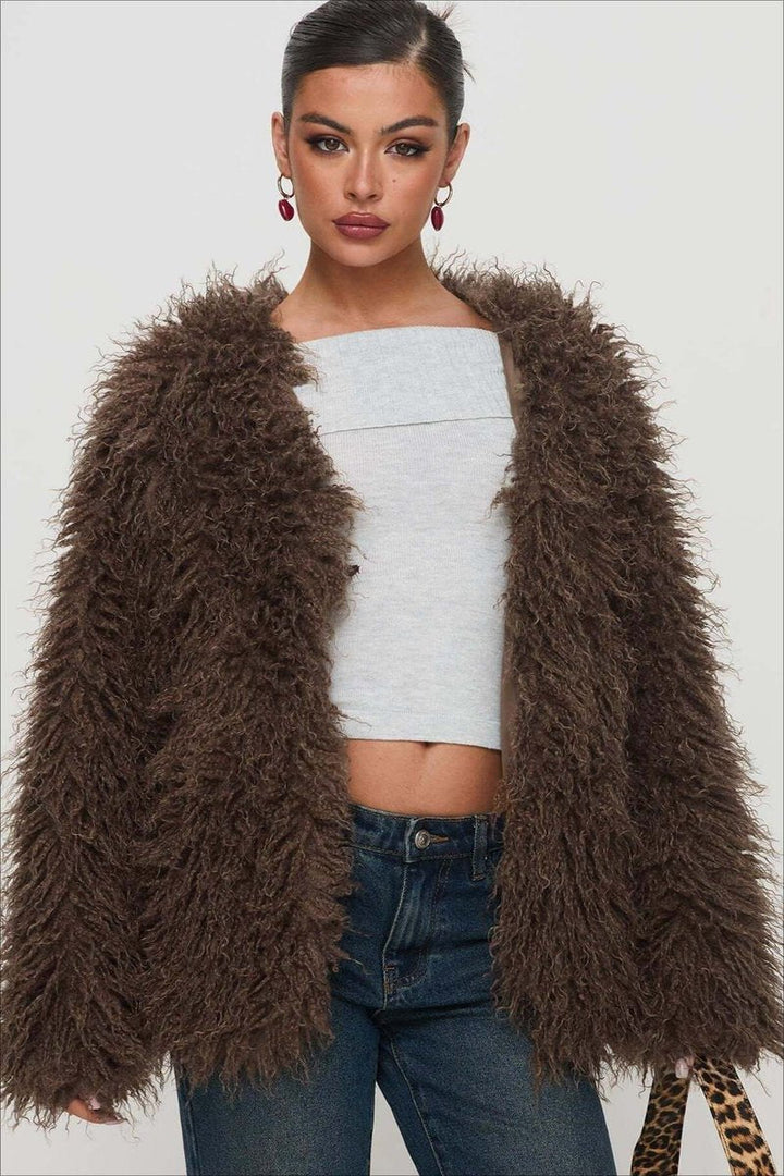 Ella | Womens Coat Fluffy Oversized Shaggy Faux Fur Open Front Jacket