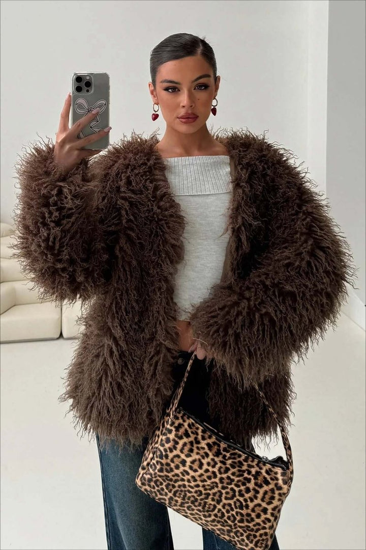 Ella | Womens Coat Fluffy Oversized Shaggy Faux Fur Open Front Jacket