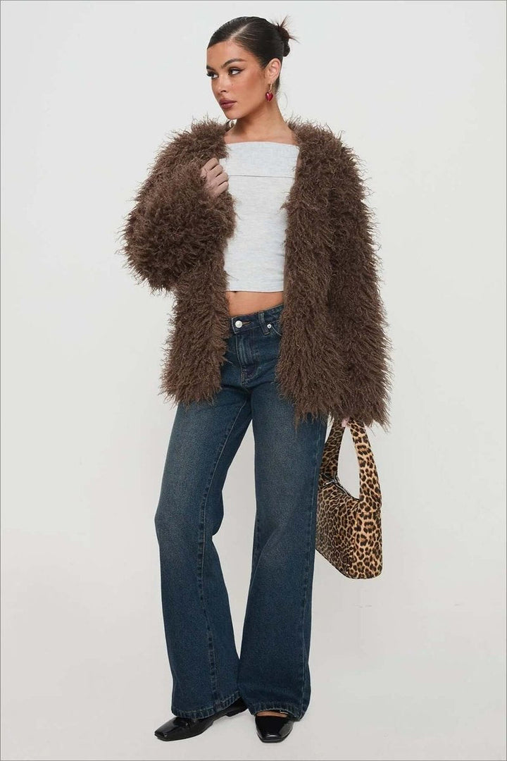Ella | Womens Coat Fluffy Oversized Shaggy Faux Fur Open Front Jacket
