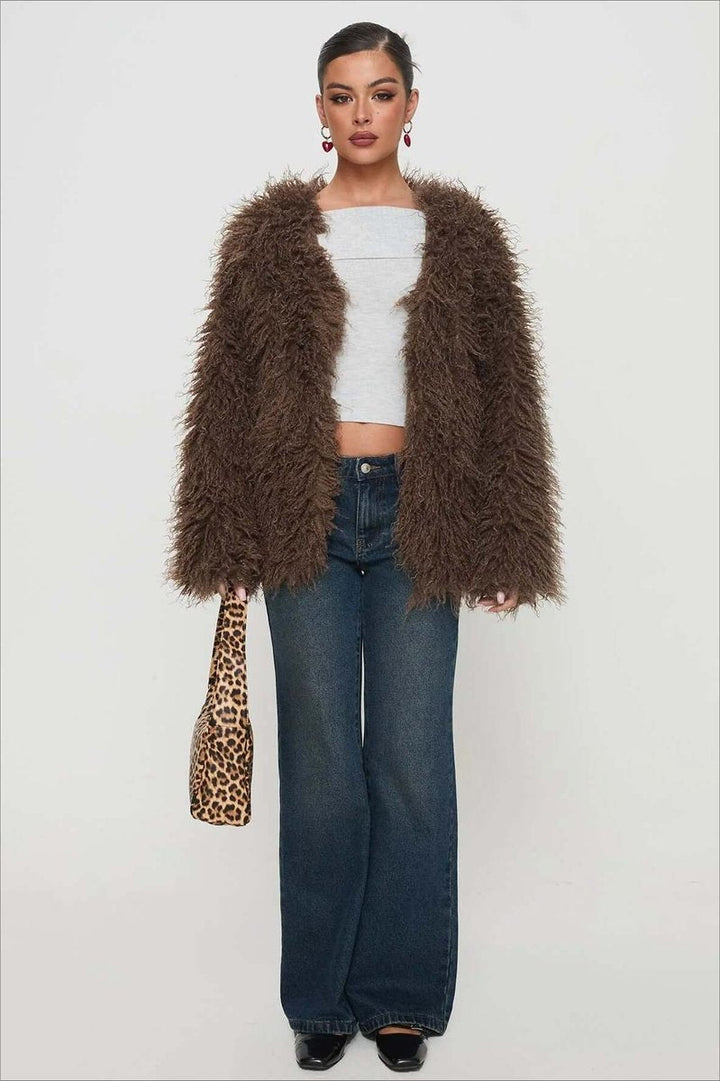 Ella | Womens Coat Fluffy Oversized Shaggy Faux Fur Open Front Jacket