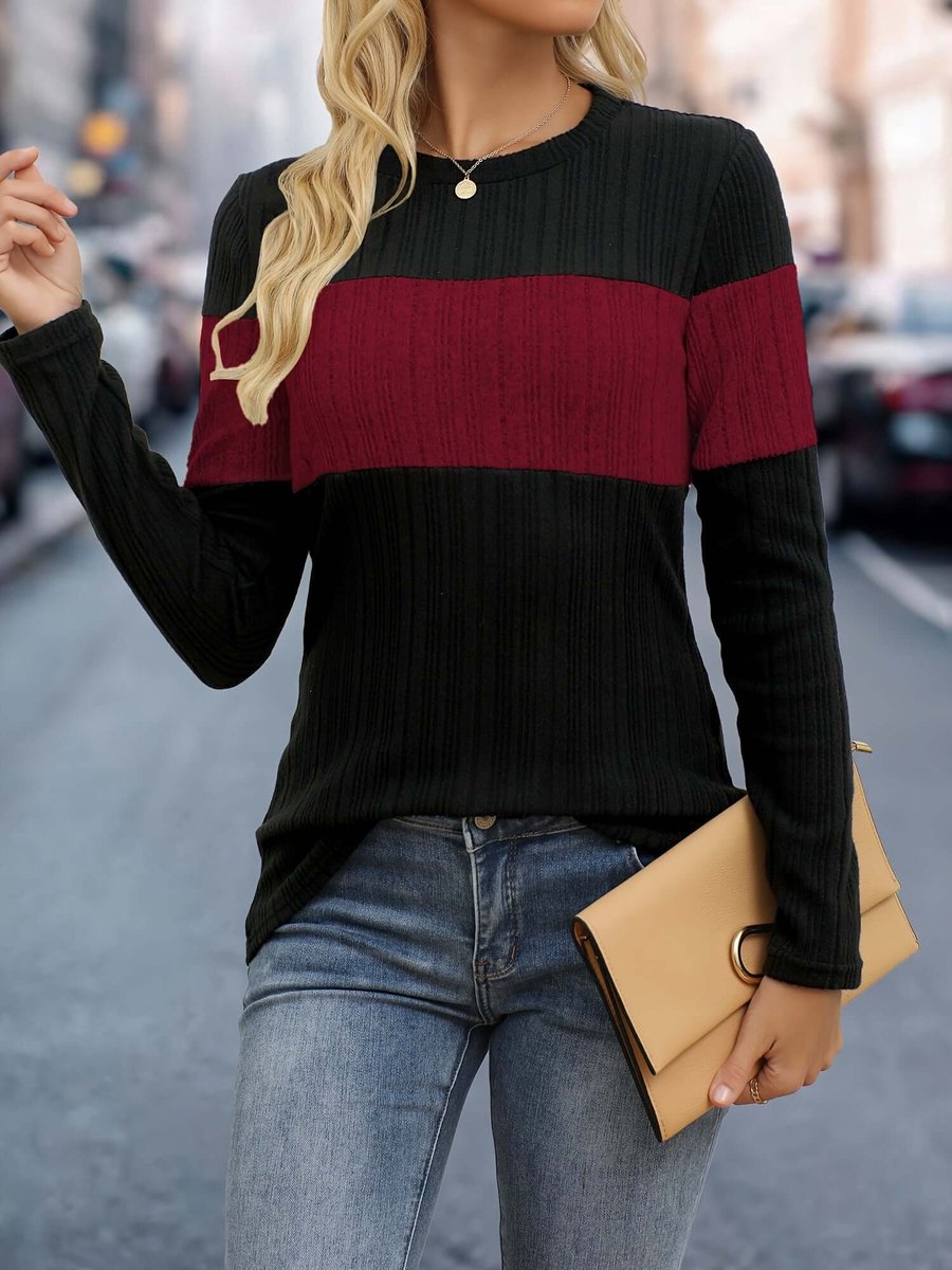 Grace | Women's Colour Block Ribbed Jumper Round Neck Long Sleeve