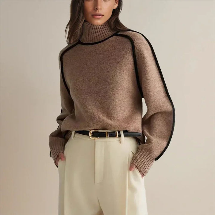 Freya | Women's Contrast Trim Roll Neck Knitted Jumper Raglan Sleeves