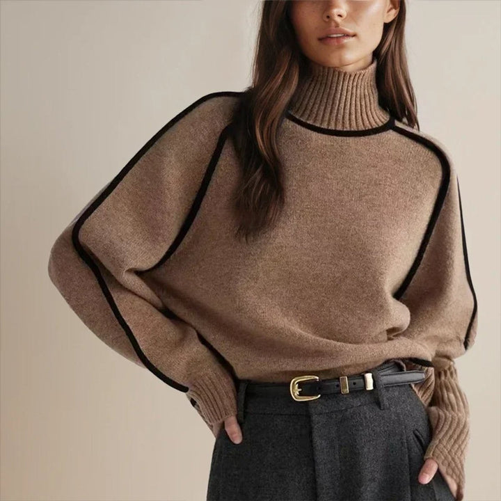 Freya | Women's Contrast Trim Roll Neck Knitted Jumper Raglan Sleeves