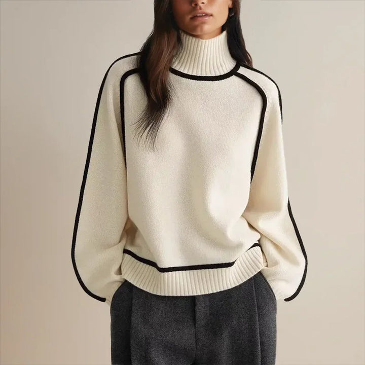 Freya | Women's Contrast Trim Roll Neck Knitted Jumper Raglan Sleeves