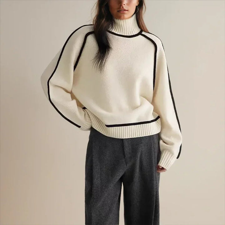 Freya | Women's Contrast Trim Roll Neck Knitted Jumper Raglan Sleeves