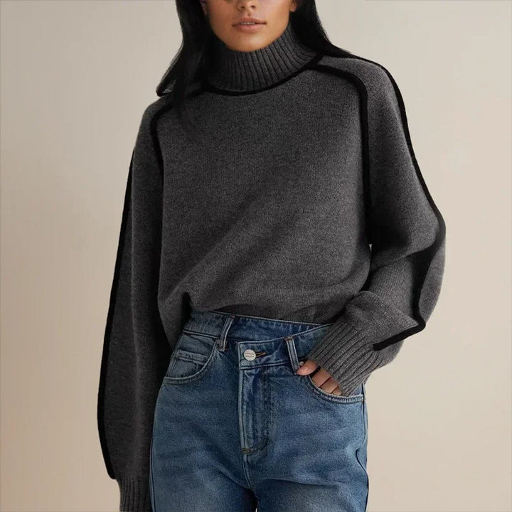 Freya | Women's Contrast Trim Roll Neck Knitted Jumper Raglan Sleeves