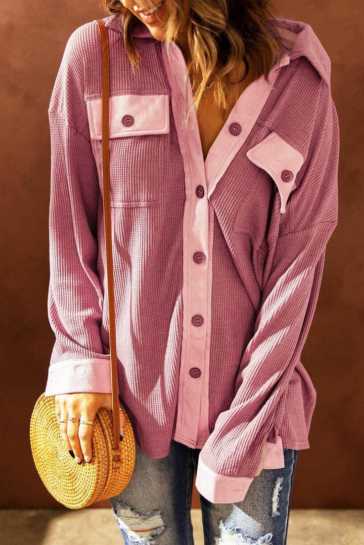 Grace | Women's Contrast Waffle Knit Button-Up Top Chest Pockets