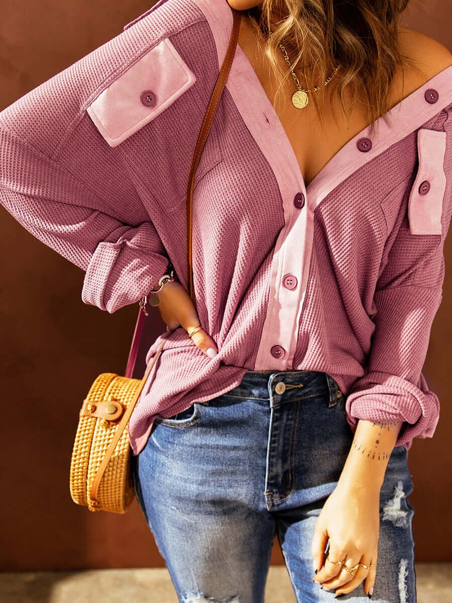 Grace | Women's Contrast Waffle Knit Button-Up Top Chest Pockets