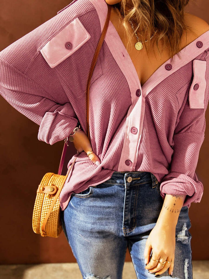 Grace | Women's Contrast Waffle Knit Button-Up Top Chest Pockets