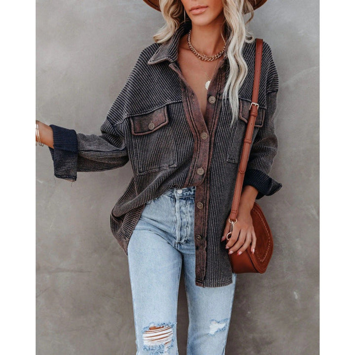 Grace | Women's Contrast Waffle Knit Button-Up Top Chest Pockets