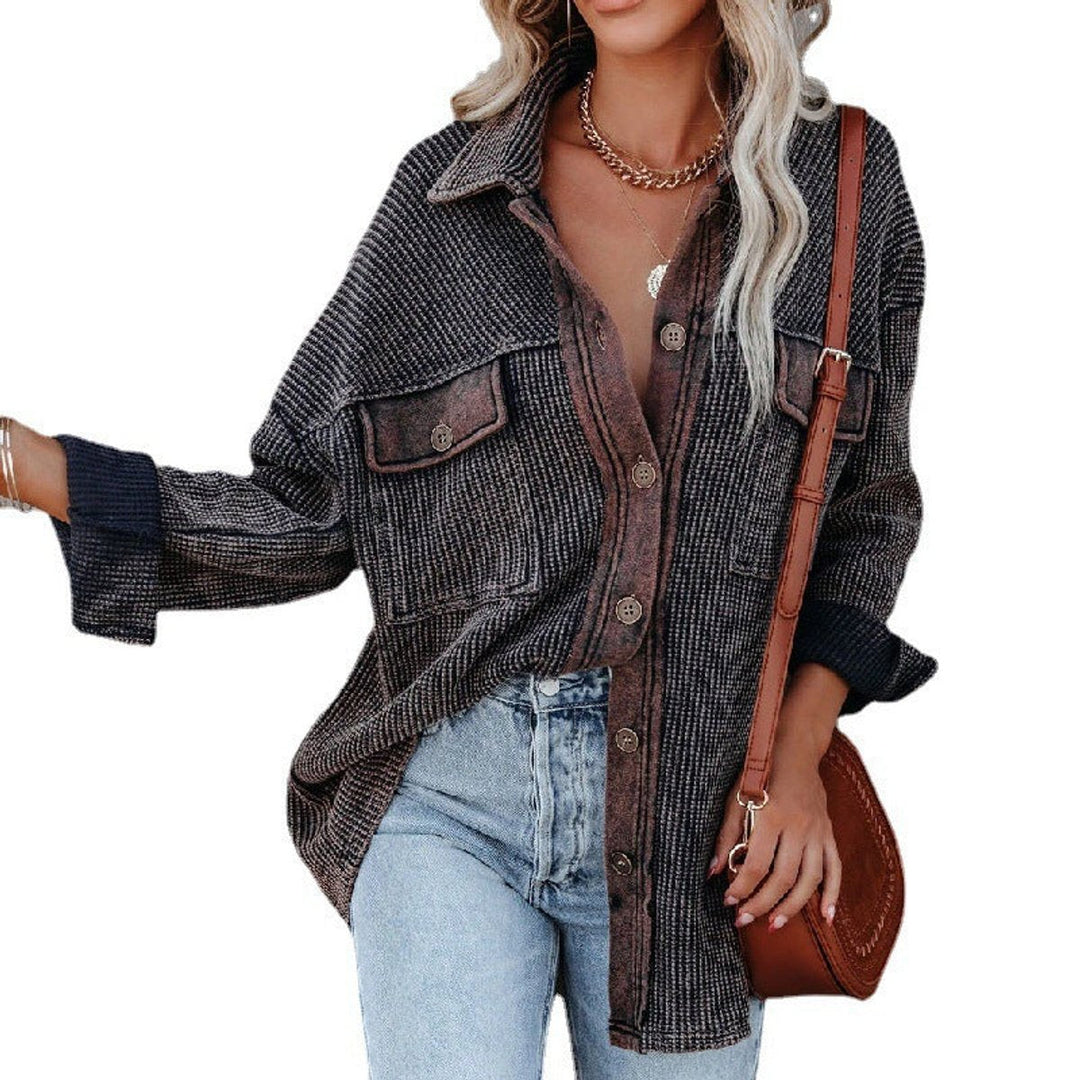 Grace | Women's Contrast Waffle Knit Button-Up Top Chest Pockets