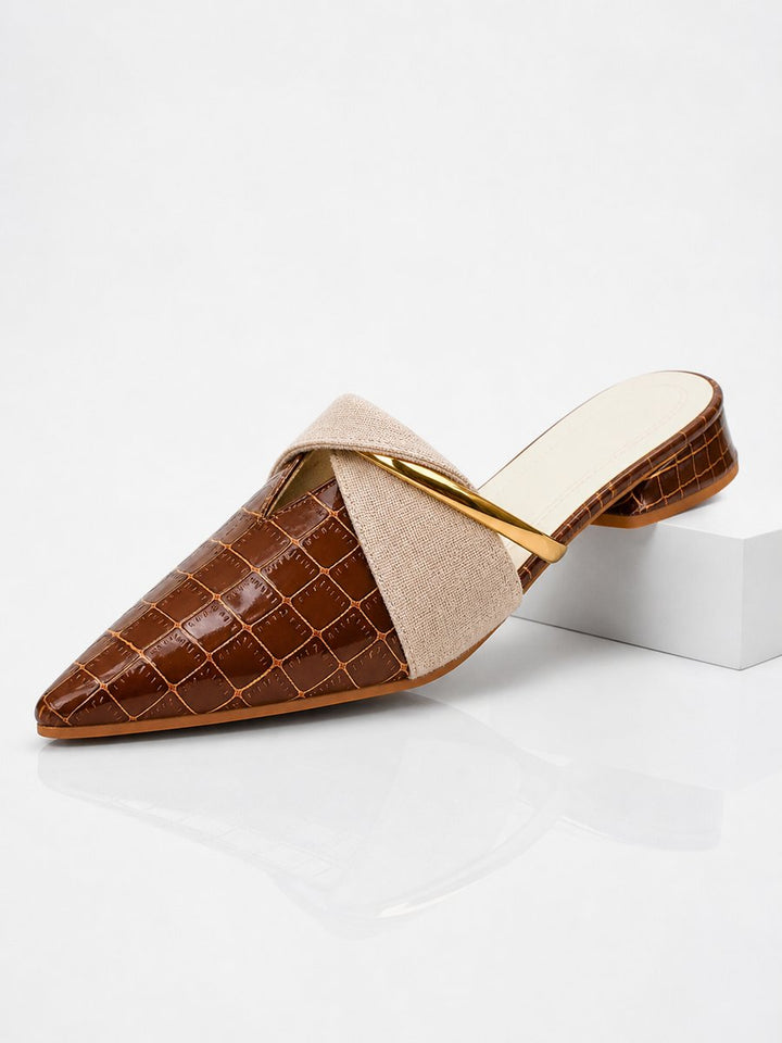 Evelyn | Women's Croc Effect Low Block Heel Mules Crossover Strap