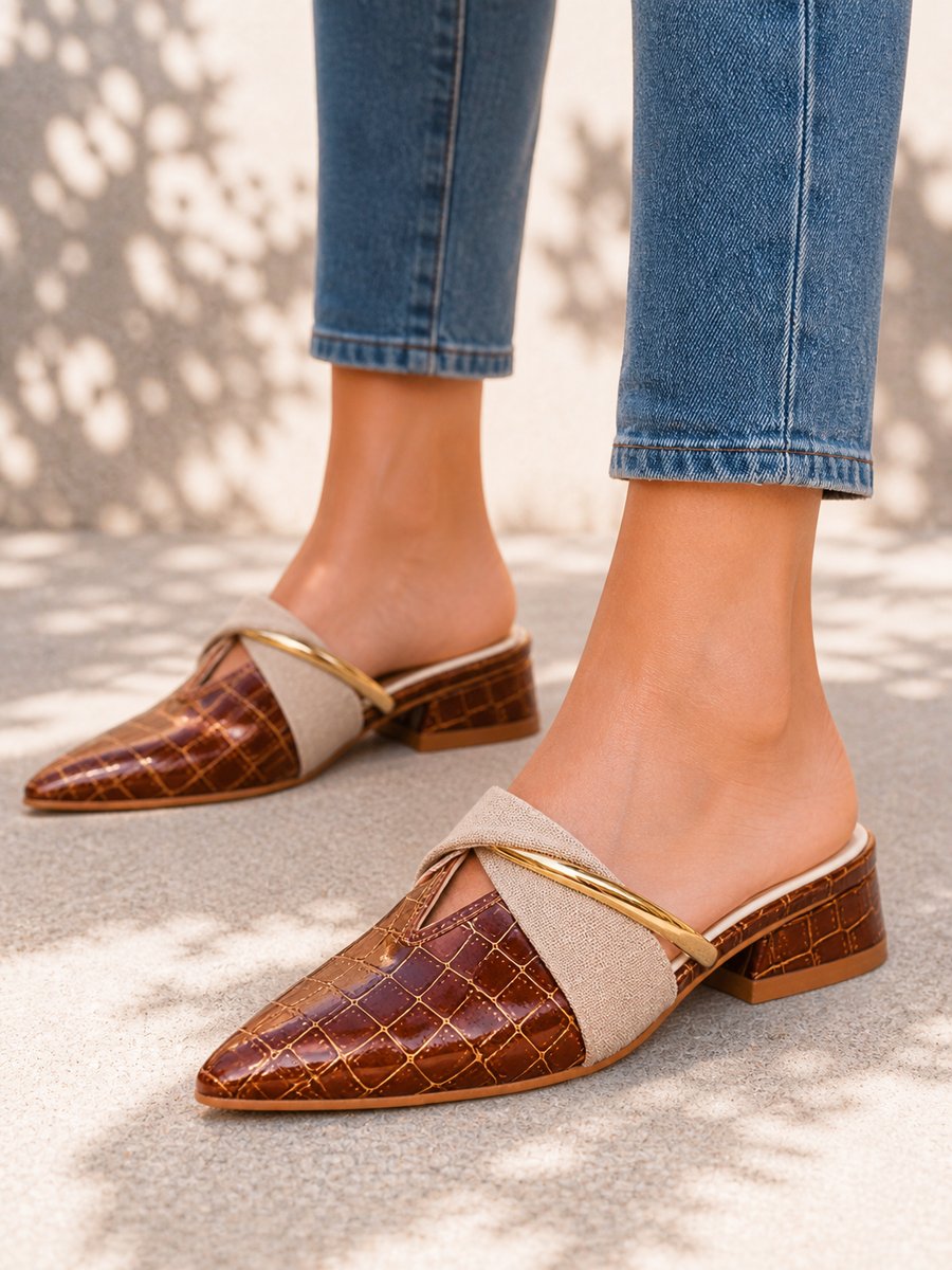 Evelyn | Women's Croc Effect Low Block Heel Mules Crossover Strap