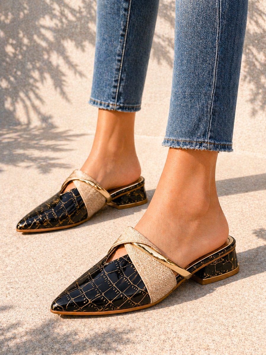 Evelyn | Women's Croc Effect Low Block Heel Mules Crossover Strap