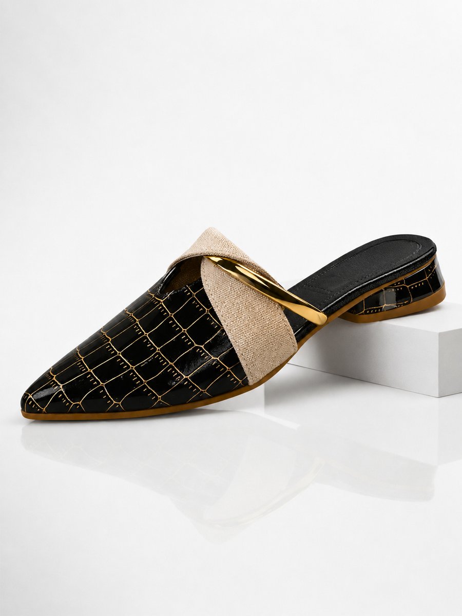 Evelyn | Women's Croc Effect Low Block Heel Mules Crossover Strap