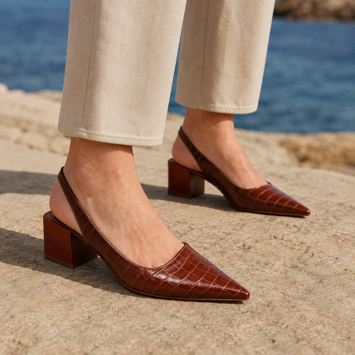 Amelia | Women's Croc-Embossed Block Heel Slingback Pointed Toe Pumps
