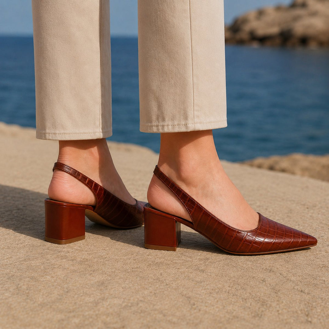 Amelia | Women's Croc-Embossed Block Heel Slingback Pointed Toe Pumps