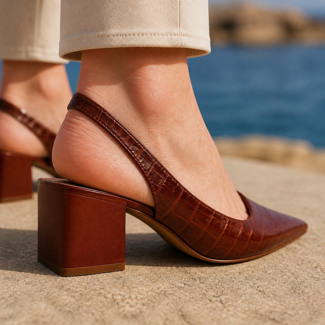 Amelia | Women's Croc-Embossed Block Heel Slingback Pointed Toe Pumps