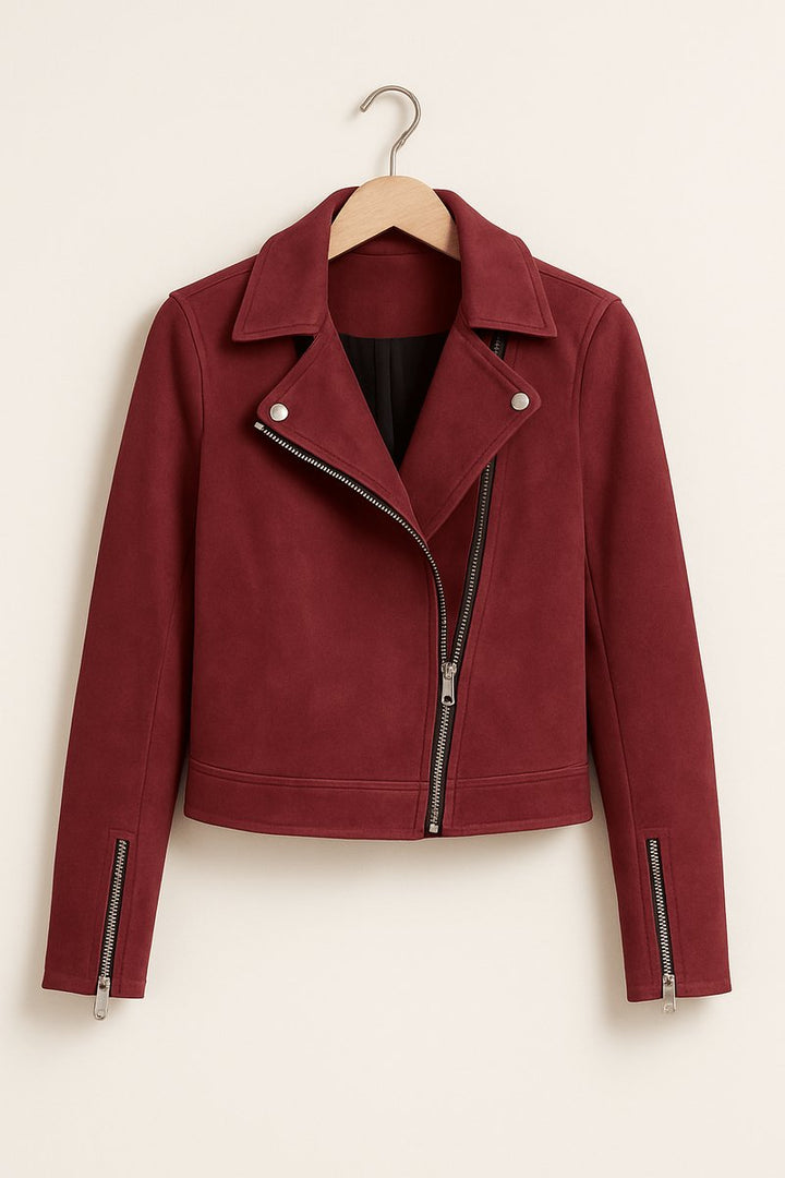 Florence | Women's Cropped Asymmetric-Zip Suede Moto Biker Coat Jacket