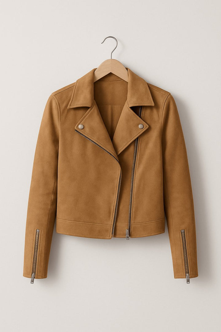Florence | Women's Cropped Asymmetric-Zip Suede Moto Biker Coat Jacket