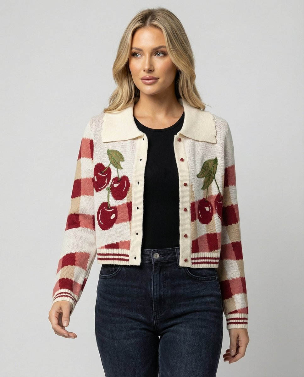 Ella | Women's Cropped Cherry Knit Cardigan Plaid Scalloped Collar
