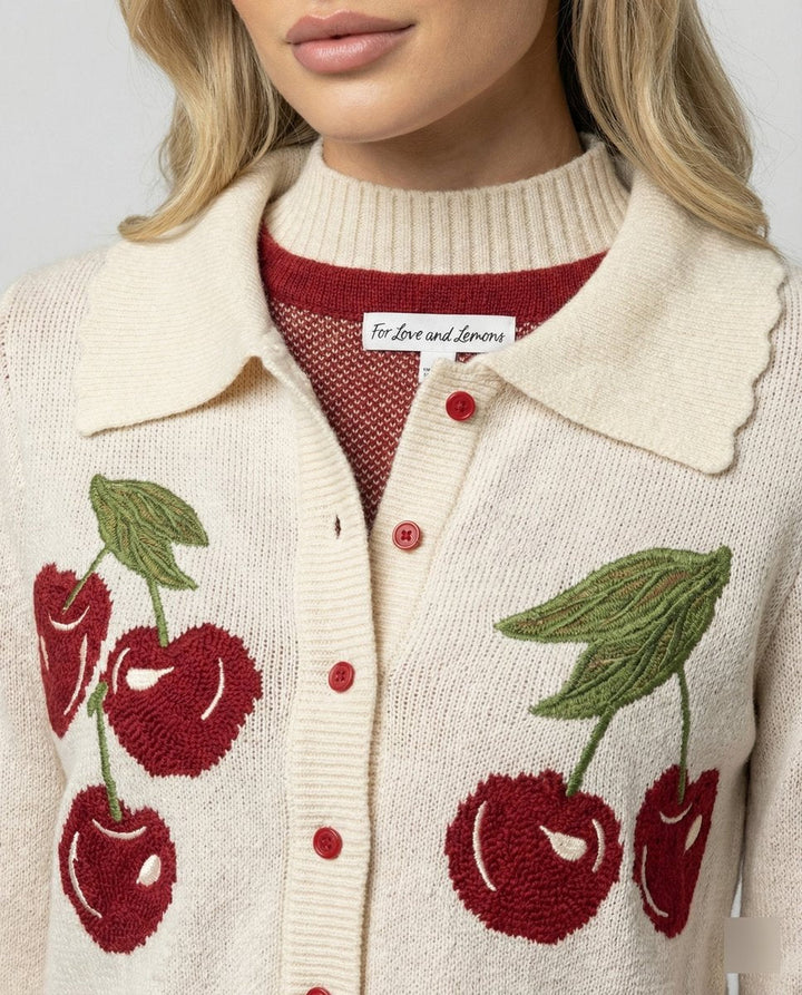 Ella | Women's Cropped Cherry Knit Cardigan Plaid Scalloped Collar