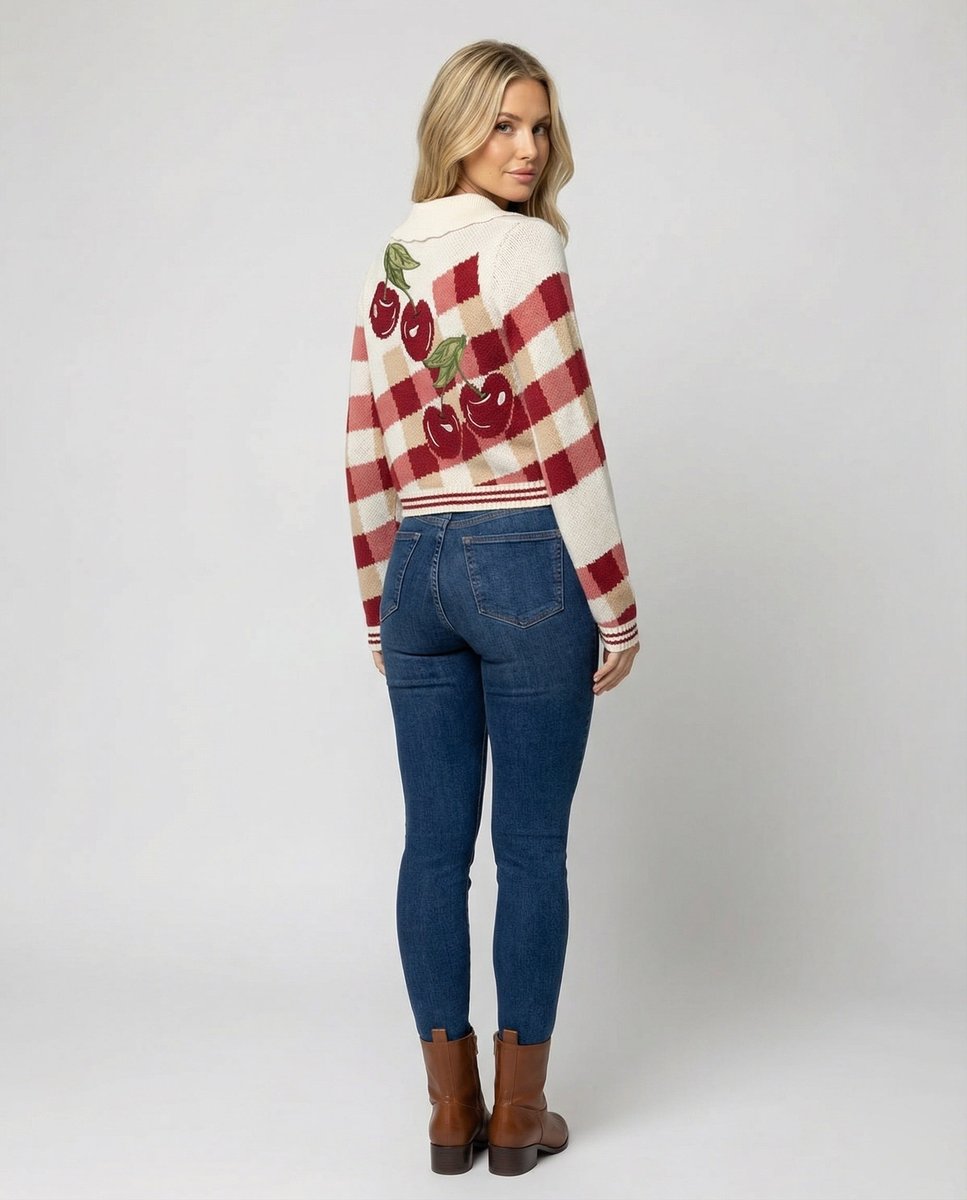Ella | Women's Cropped Cherry Knit Cardigan Plaid Scalloped Collar