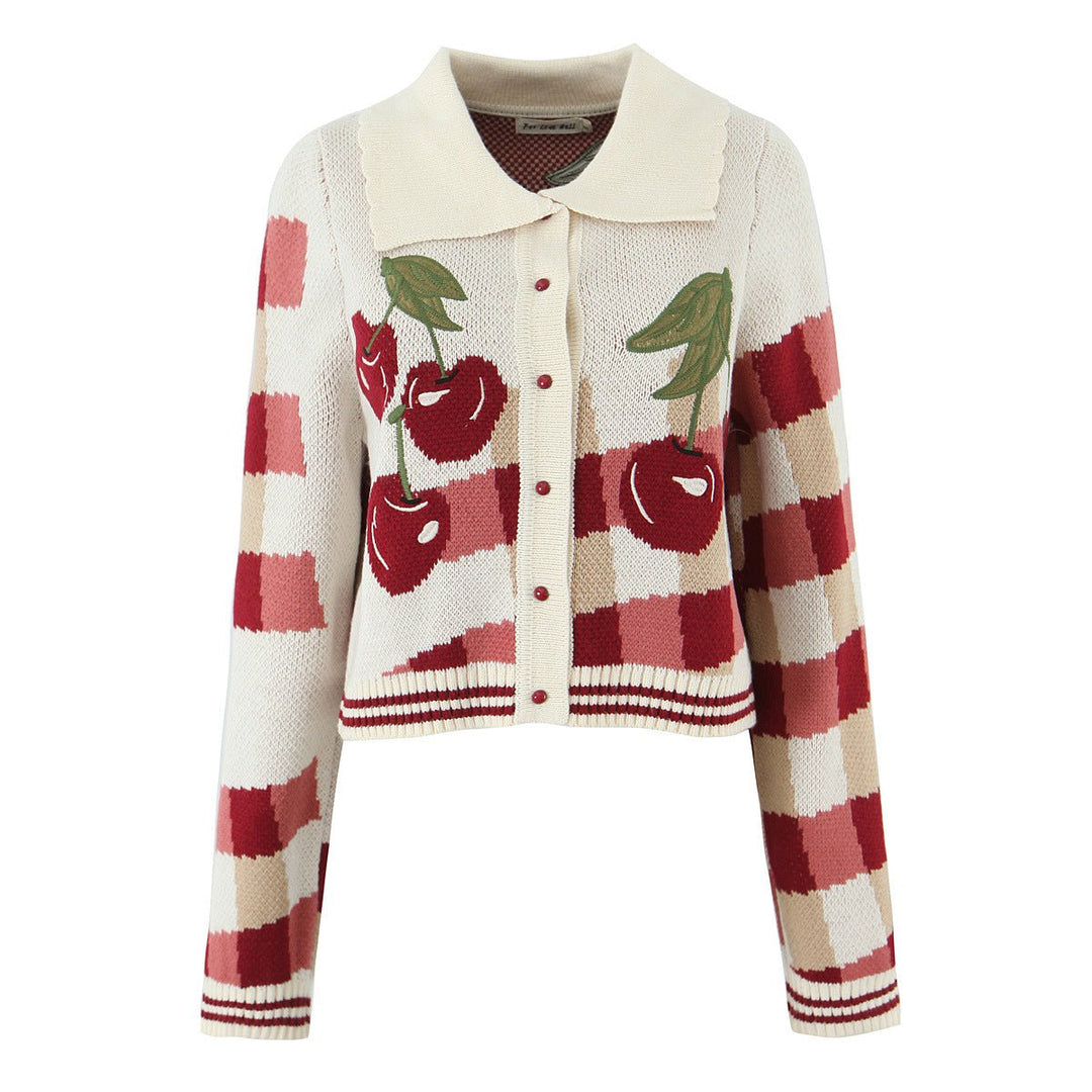 Ella | Women's Cropped Cherry Knit Cardigan Plaid Scalloped Collar
