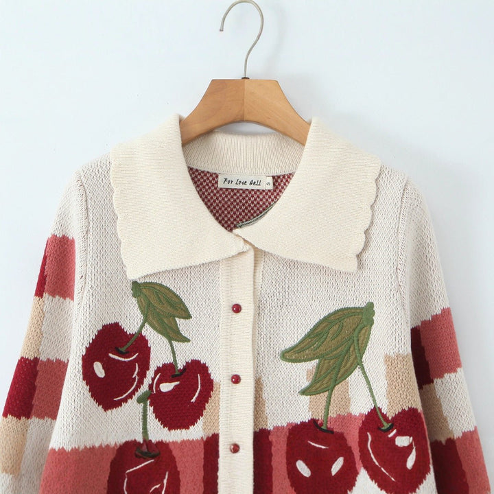 Ella | Women's Cropped Cherry Knit Cardigan Plaid Scalloped Collar