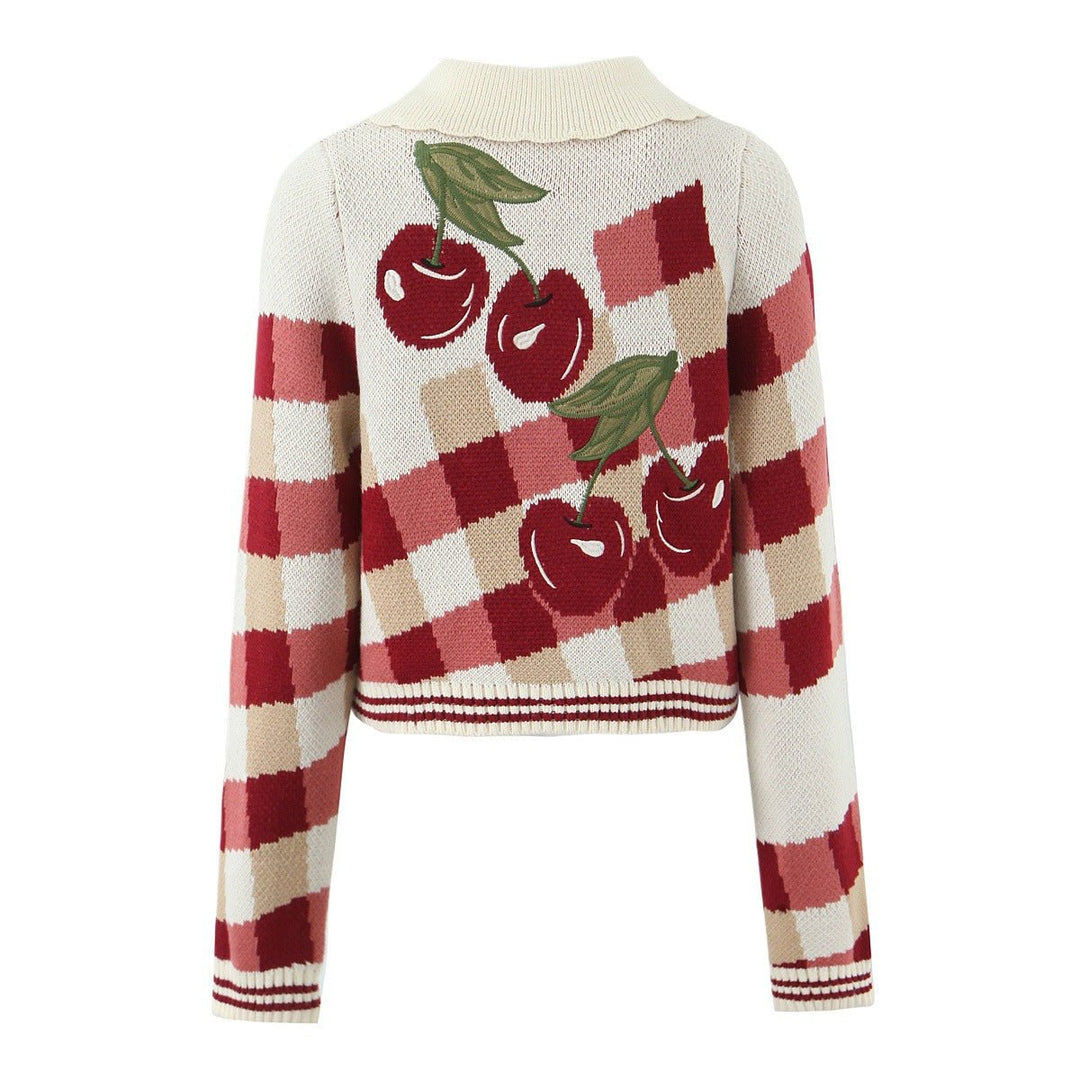 Ella | Women's Cropped Cherry Knit Cardigan Plaid Scalloped Collar