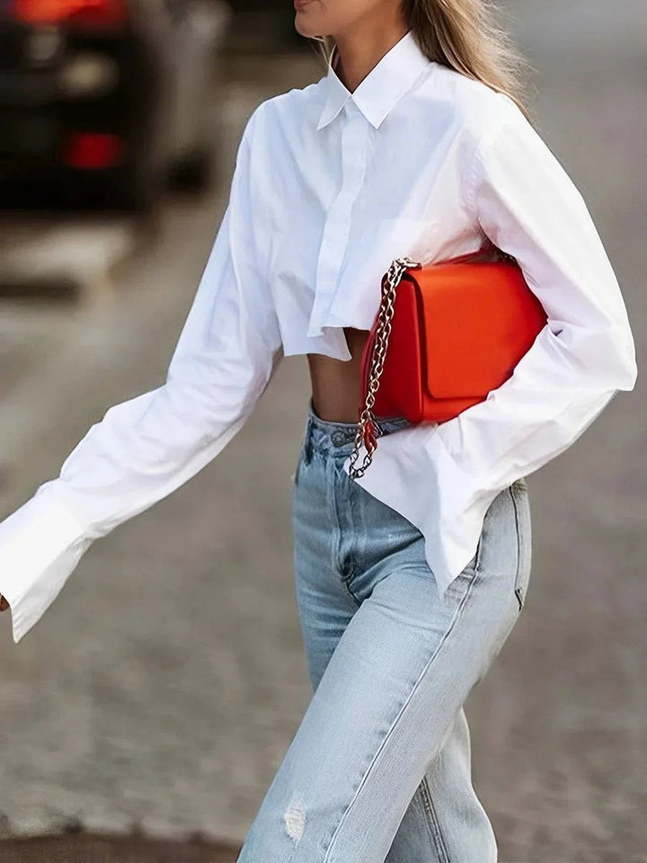 Phoebe | Women's Cropped Long-Sleeve Blouse Button-Up Collared Shirt