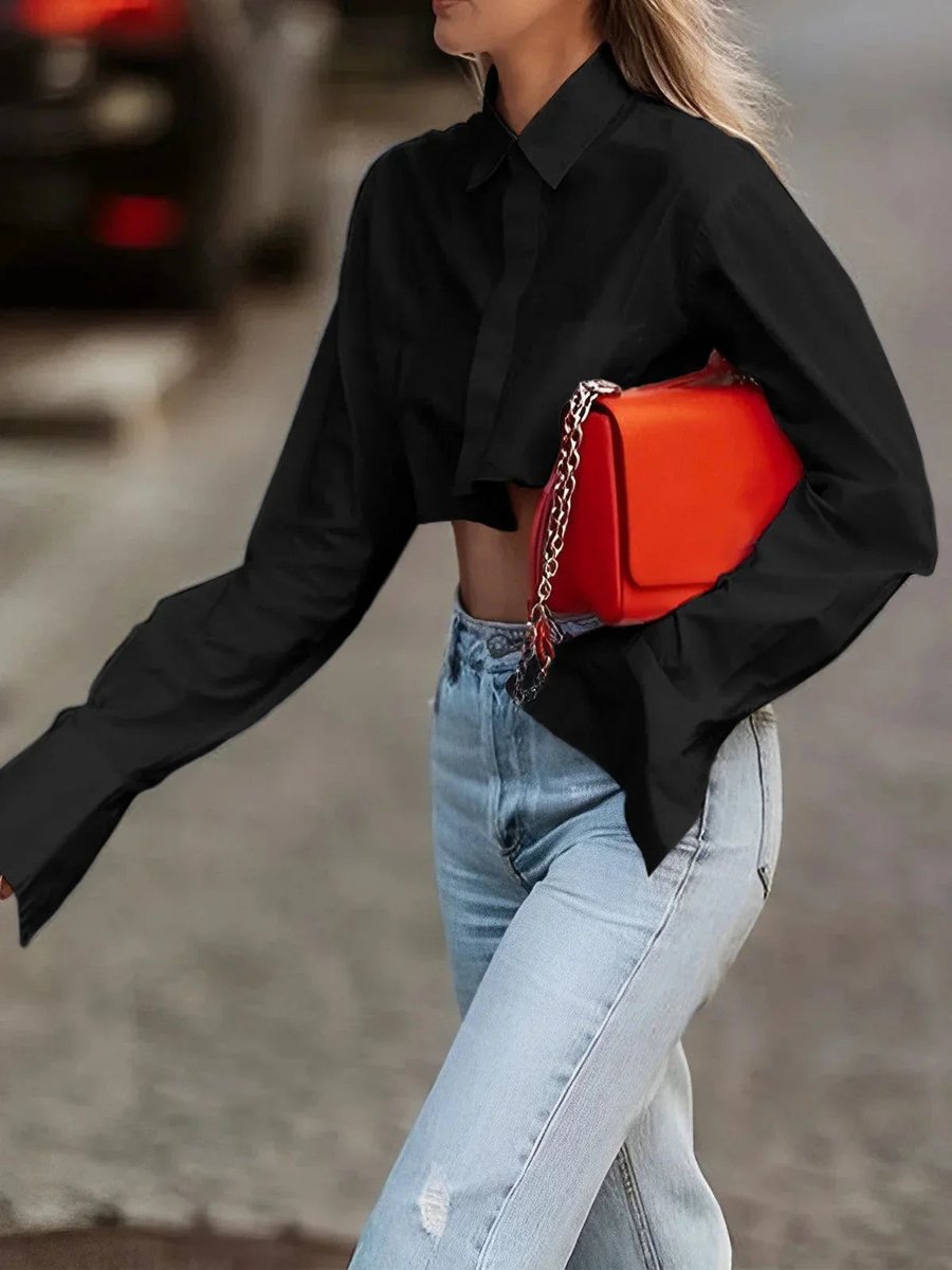 Phoebe | Women's Cropped Long-Sleeve Blouse Button-Up Collared Shirt