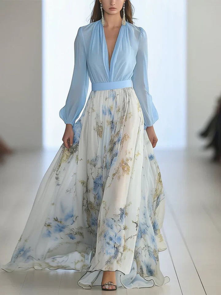 Sienna | Women's Floral Chiffon Maxi Party Dress Deep V-Neck Sheer Sleeves