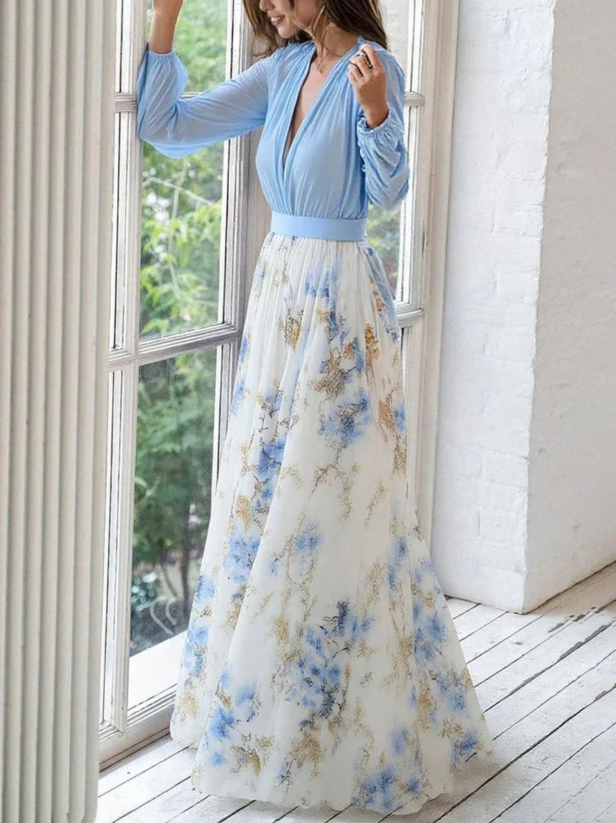 Sienna | Women's Floral Chiffon Maxi Party Dress Deep V-Neck Sheer Sleeves