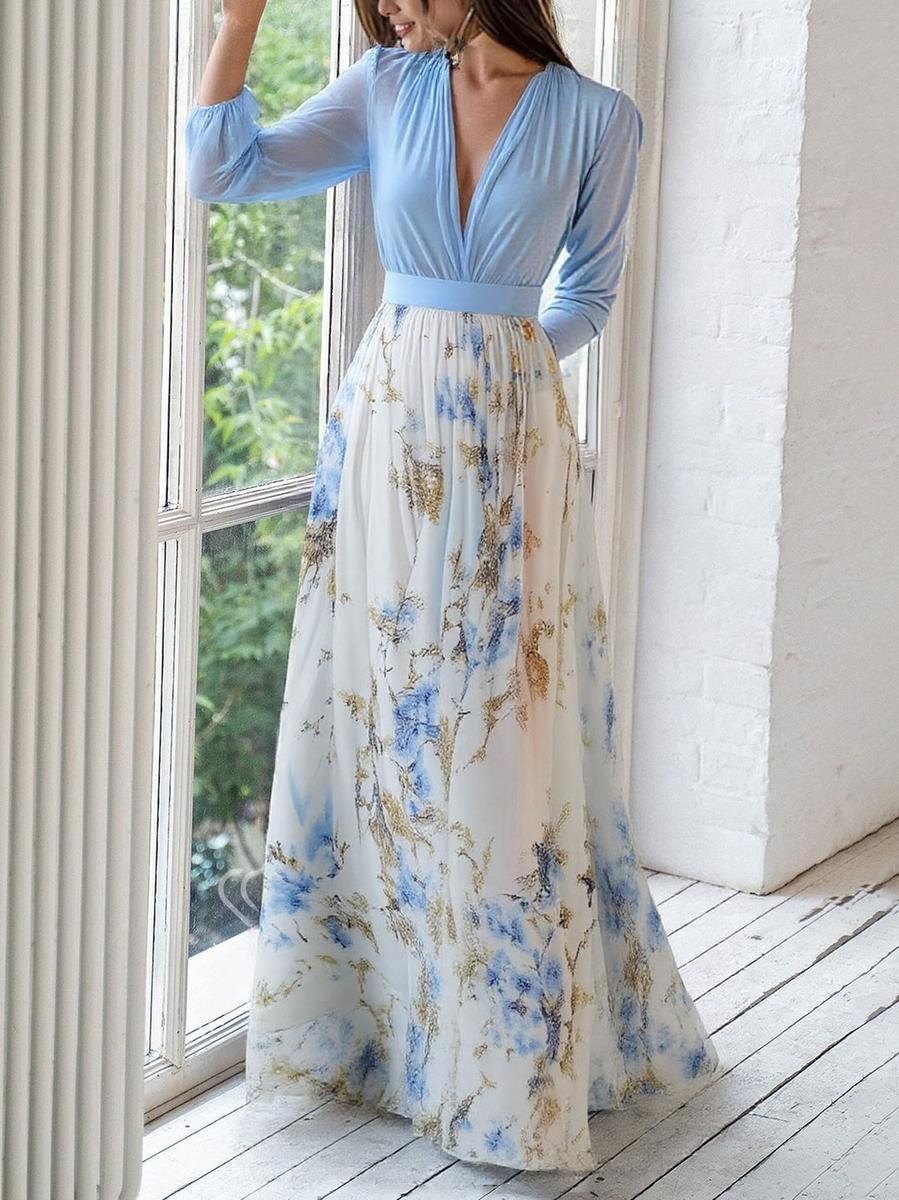 Sienna | Women's Floral Chiffon Maxi Party Dress Deep V-Neck Sheer Sleeves