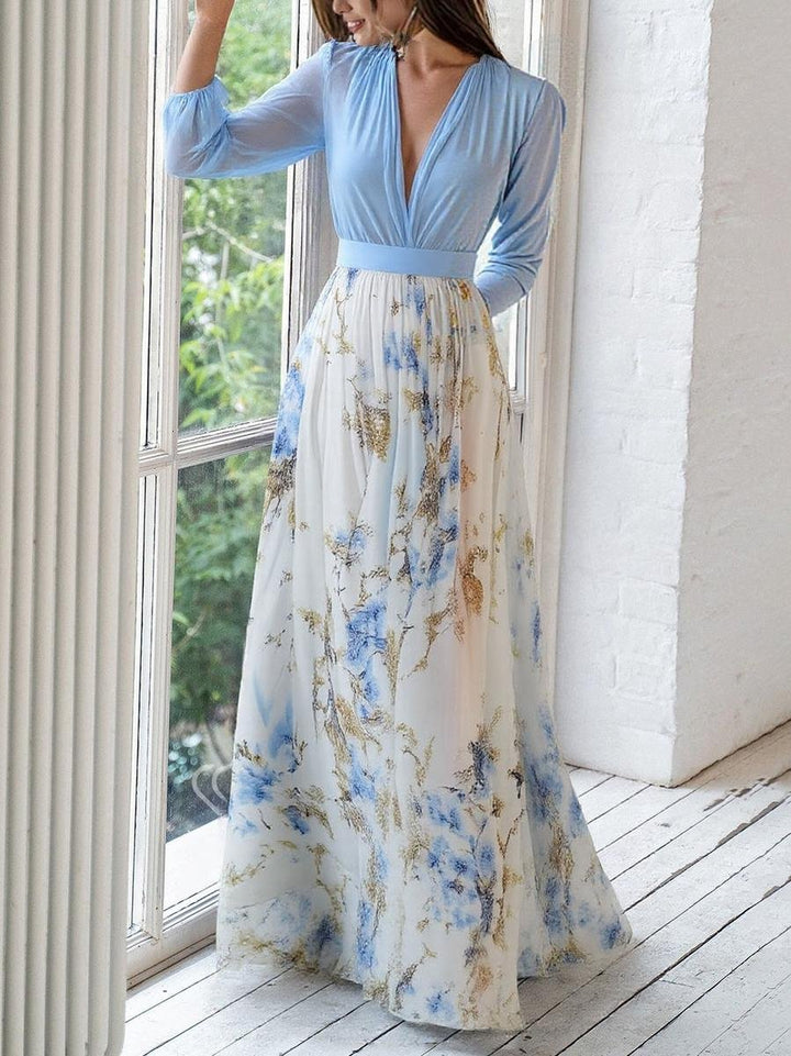 Sienna | Women's Floral Chiffon Maxi Party Dress Deep V-Neck Sheer Sleeves