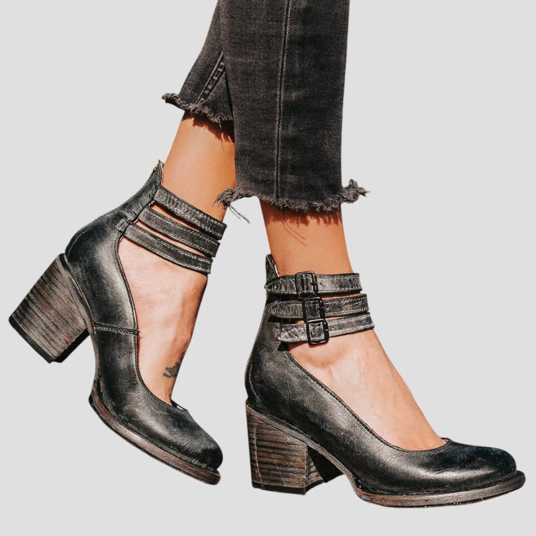 Aria | Women's Distressed Leather-Look Double-Buckle Block-Heel Ankle Boots