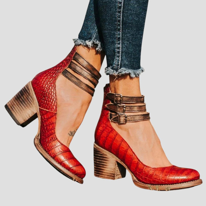 Aria | Women's Distressed Leather-Look Double-Buckle Block-Heel Ankle Boots