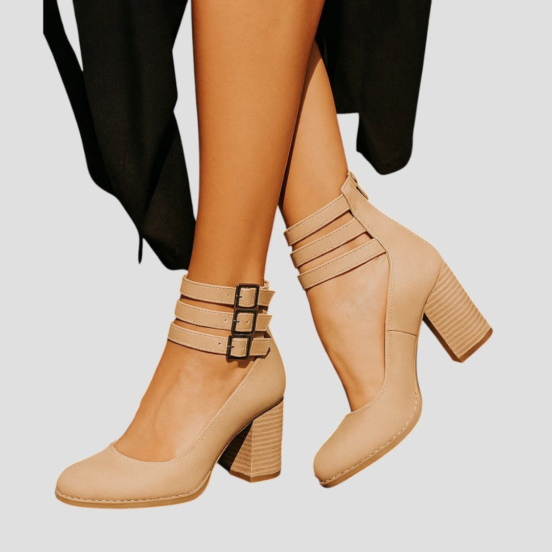 Aria | Women's Distressed Leather-Look Double-Buckle Block-Heel Ankle Boots
